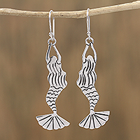Sterling silver dangle earrings, 'Swimming Mermaids' - Taxco Sterling Silver Mermaid Dangle Earrings from Mexico