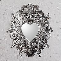 Tin wall mirror, 'Reflective Heart' - Heart-Shaped Tin Wall Mirror from Mexico