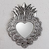 Tin wall mirror, 'Passionate Heart' - Handmade Religious Tin Wall Mirror from Mexico