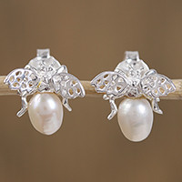 Cultured pearl button earrings,