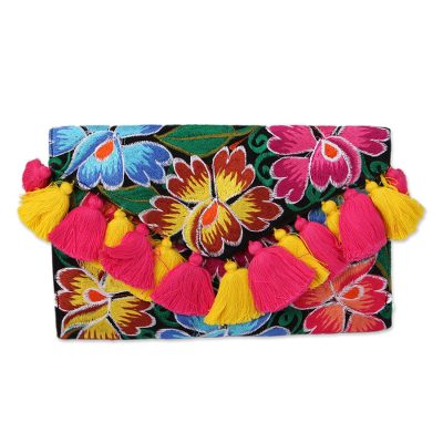 Cotton clutch, 'Vivid Flowers' - Multicolored Embroidered Floral Cotton Clutch from Mexico