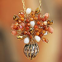 Gold accent glass and ceramic pendant necklace, 'Elegant Cluster' - 18k Gold Accent Glass and Ceramic Pendant Necklace