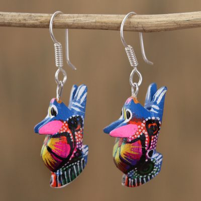 Wood alebrije dangle earrings, Vibrant Rabbit in Azure