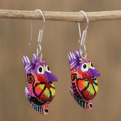 Wood alebrije dangle earrings, Vibrant Rabbit in Purple