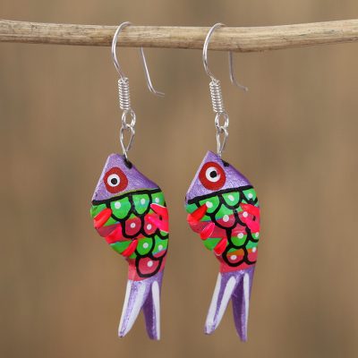 Wood alebrije dangle earrings, Sea Glitter in Purple