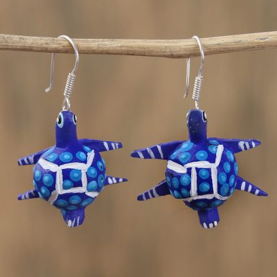 Wood alebrije dangle earrings, Dotted Turtle in Blue