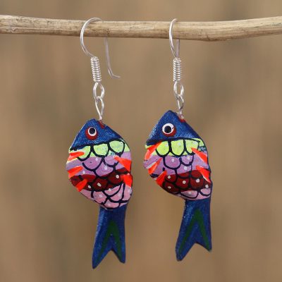 Wood alebrije dangle earrings, Sea Glitter in Blue