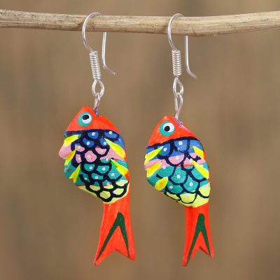 Wood alebrije dangle earrings, Fish Dream in Orange