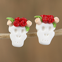 Red and Orange Rose Catrina Cold Porcelain Button Earrings,'Sweet Skulls in Red'