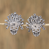Sterling silver drop earrings, 'Aztec Miquiztli' - Sterling Silver Aztec Deity Miquiztli Drop Earrings