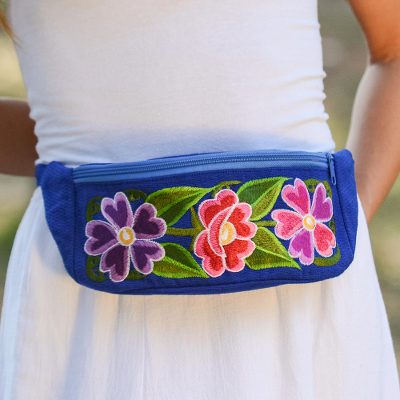 Cotton waist bag, 'Garden on the Go' - Handwoven Blue with Pink Floral Motif Cotton Belt Bag