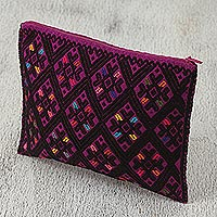 Cotton cosmetic bag, 'Nocturnal Dreams' - Cotton Cosmetic Bag in Amethyst and Black from Mexico