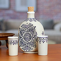 Ceramic tequila decanter set, 'Traditional Spirit' (set of 3) - Beige Talavera Style Tequila Decanter and Glasses (Set of 3)