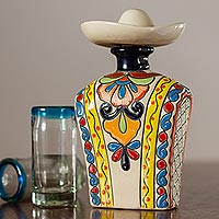 Ceramic tequila decanter, 'Serape in Yellow' - Yellow and Colorful Serape and Hat Ceramic Tequila Decanter