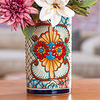 Ceramic vase, 'Garden Gift' - Talavera Style Blue Rim Colorful Floral Motif Ceramic Vase