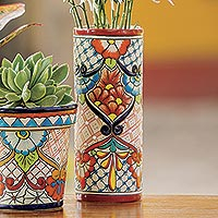 Ceramic vase, 'A Floral Day' - Hand-Painted Floral Talavera Ceramic Vase from Mexico