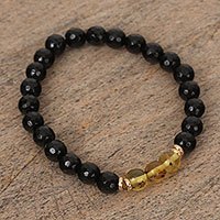 Gold accented amber and agate beaded stretch bracelet,