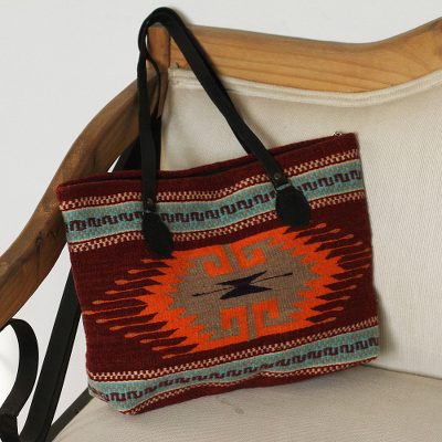 Leather accented wool tote, 'Greca Tradition' - Greca Motif Leather Accented Wool Tote from Mexico