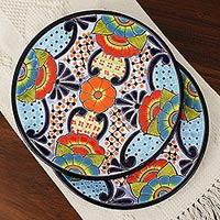 Ceramic dinner plates, 'Raining Flowers' (pair) - Talavera Ceramic Dinner Plates from Mexico (Pair)