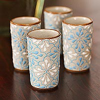 Ceramic tequila cups, 'Sky Dance' (set of 4) - Blue and White Floral Motif Ceramic Tequila Cups (Set of 4)