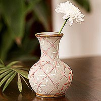 Ceramic vase, 'Windmill Trellis Bloom' - Paprika Red and White Trellis Motif Ceramic Fluted Vase