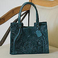 Leather handbag, 'Lush Impressions in Teal' - Handcrafted Forest Green Embossed Leather Handle Handbag