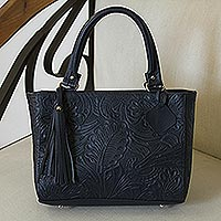 Leather handbag, 'Garden Impressions in Navy' - Handcrafted Navy Floral Motif Embossed Leather Handbag