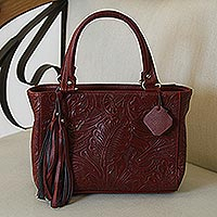 Leather handbag, 'Garden Impressions in Russet' - Handcrafted Russet Floral Motif Embossed Leather Handbag