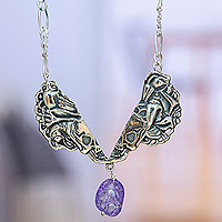 Quartz pendant necklace, 'Conch Catrina' - Purple Quartz Catrina Skull Pendant Necklace from Mexico