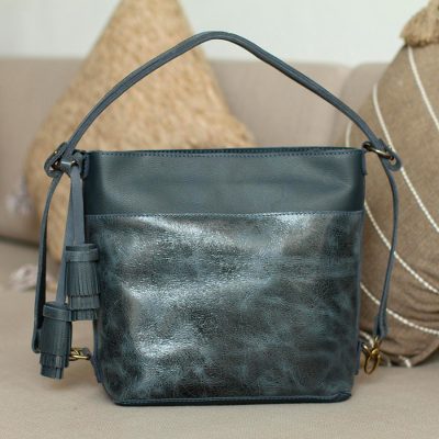 Leather shoulder bag, 'Castellan' - Leather Shoulder Bag in Blue from Mexico