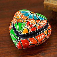 Ceramic decorative box, 'Floral Heart' - Heart-Shaped Talavera-Style Ceramic Decorative Box