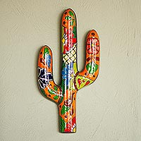 Ceramic wall sculpture, 'Desert Saguaro' - Floral Cactus Talavera-Style Ceramic Wall Sculpture