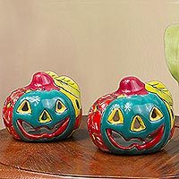 Ceramic tealight holders, 'Bright Jack-O-Lantern' (pair) - Jack-O-Lantern Talavera Ceramic Tealight Holders (Pair)