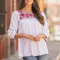 Cotton blouse, 'Maroon Bouquet' - White Cotton Blouse with Maroon Floral Embroidery