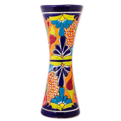 Ceramic vase, 'Talavera Hourglass' - Hourglass-Shaped Talavera-Style Ceramic Vase from Mexico