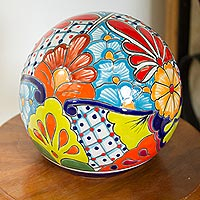 Ceramic decorative accent, 'Summer Designs' - Floral Talavera-Style Ceramic Decorative Accent from Mexico