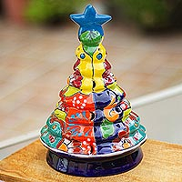 Ceramic lantern, 'Christmas Pine' - Talavera-Style Ceramic Christmas Tree Lantern from Mexico