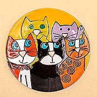 Ceramic decorative plate, 'Cat Fancy' - Handcrafted Five Fanciful Cats Ceramic Decorative Plate