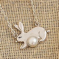 Cultured pearl pendant necklace, 'Glowing Rabbit' - Cultured Pearl Rabbit Pendant Necklace from Mexico