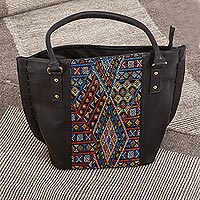 Cotton accent leather shoulder bag, 'Otomi Geometry' - Geometric Pattern Cotton Accent Leather Shoulder Bag