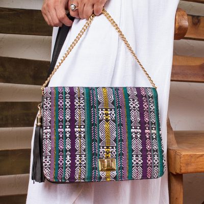 Leather accented cotton sling, 'Maya Traveler' - Mayan Pattern Leather Accented Cotton Sling from Mexico