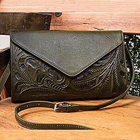 Leather handbag, 'Historic Floral in Moss' - Floral Pattern Leather Handbag in Moss from Mexico