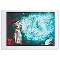 Print, 'Box of Memories' - Surrealist Print of a Girl with a Bird and Cat from Mexico