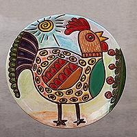 Ceramic wall art, 'Rooster Under the Sun' - Rooster-Themed Ceramic Wall Art from Mexico