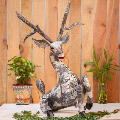 Wood alebrije sculpture, 'Deer of Hope' - Wood Alebrije Deer Sculpture in Grey from Mexico