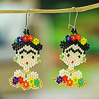 Glass beaded dangle earrings, 'Golden Frida' - Frida Kahlo Glass Beaded Dangle Earrings from Mexico