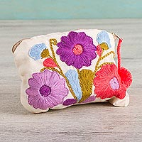 Cotton clutch, 'Ivory Garden' - Floral Embroidered Cotton Clutch in Ivory from Mexico