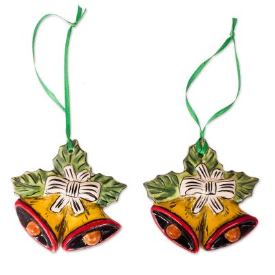 Ceramic ornaments, 'Yellow Bells' (pair) - Hand-Painted Yellow Ceramic Bell Ornaments (pair)
