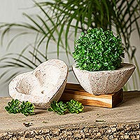 Reclaimed stone flower pots, 'Heartfelt Planters' (pair) - Heart-Shaped Reclaimed Stone Flower Pots (Pair)