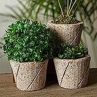 Reclaimed stone flower pots, 'Plant Stripes' (set of 3) - Spiral Pattern Reclaimed Stone Flower Pots (Set of 3)